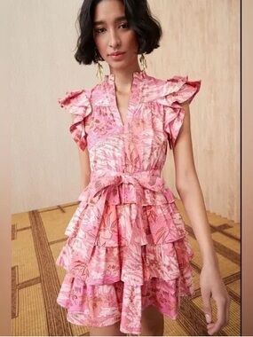 Pink Ruffle Tiered Mini Dress with Tie Waist